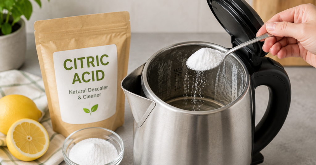 Electric kettle with visible limescale being descaled with citric acid.