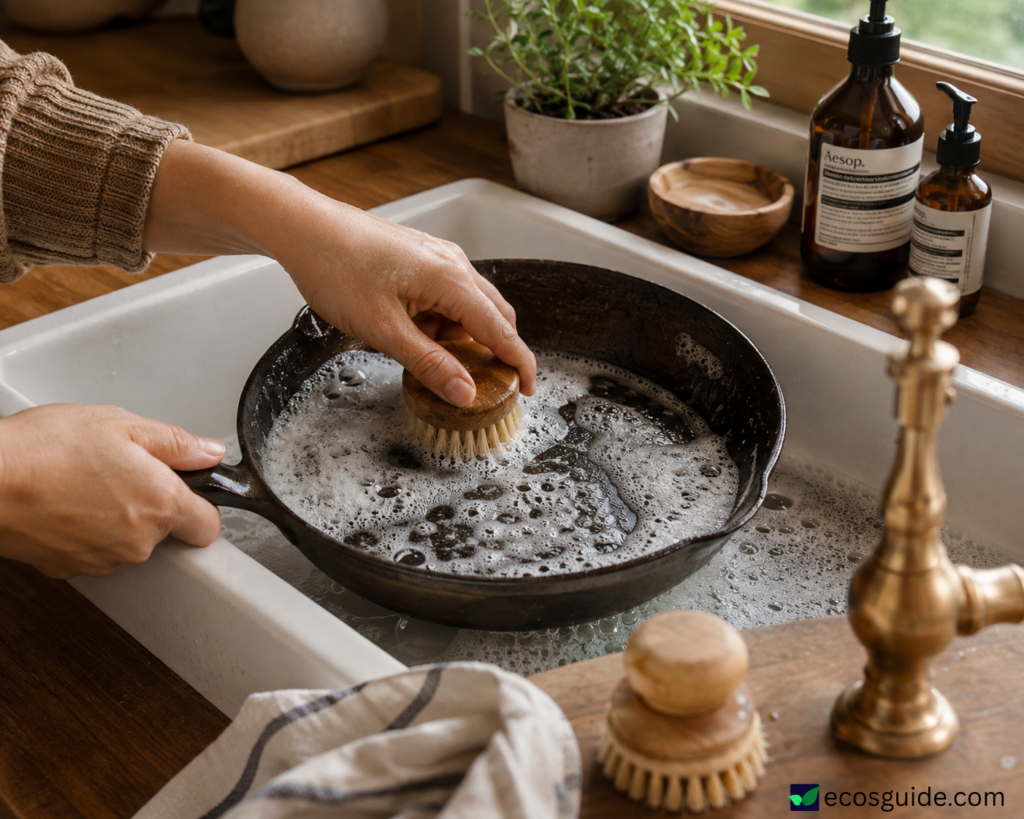 Cast iron pan being hand-washed, dishes to always hand-wash