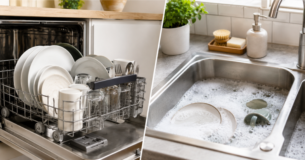 Dishwasher vs hand washing, comparing water and energy use
