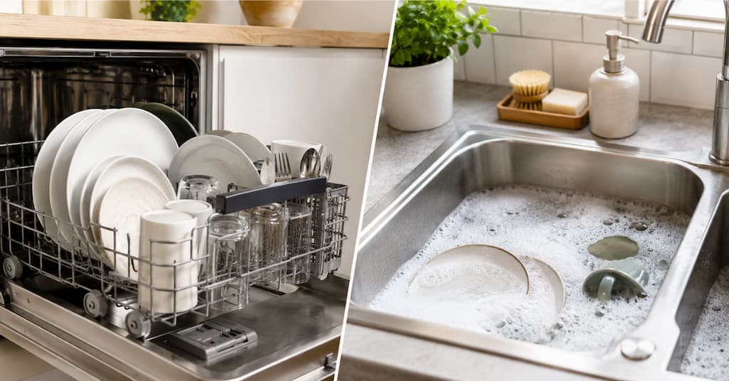 Dishwasher vs hand washing, comparing water and energy use
