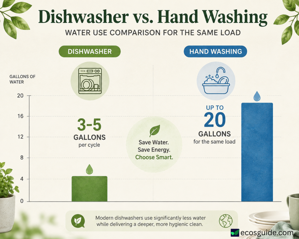 Water use comparison, dishwasher versus hand washing dishes per load