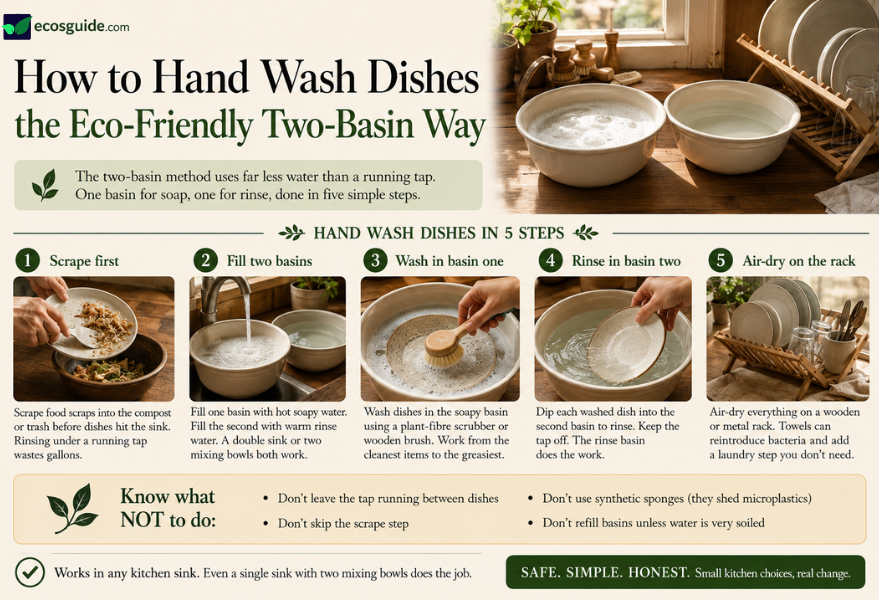 Two-basin method for eco-friendly hand washing dishes
