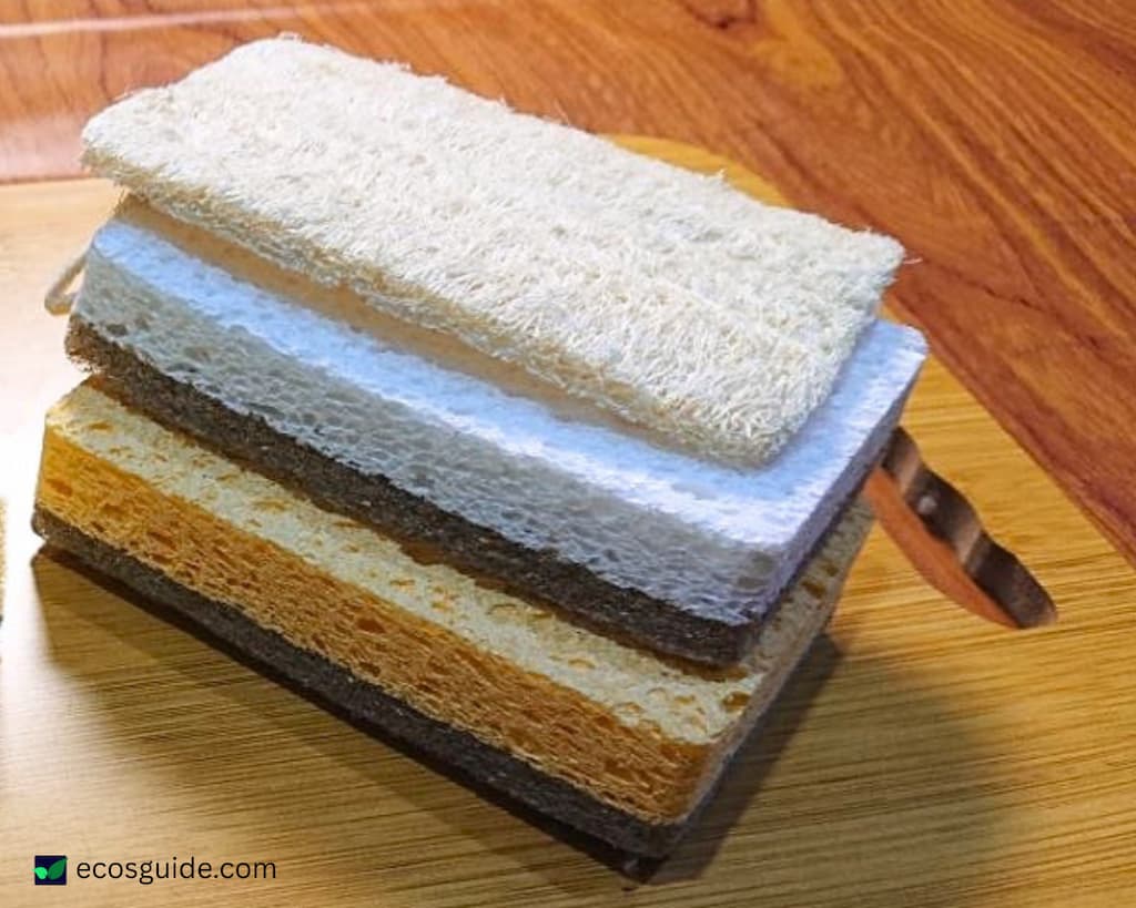 Layered sponge pads with fibrous and abrasive-looking cleaning surfaces