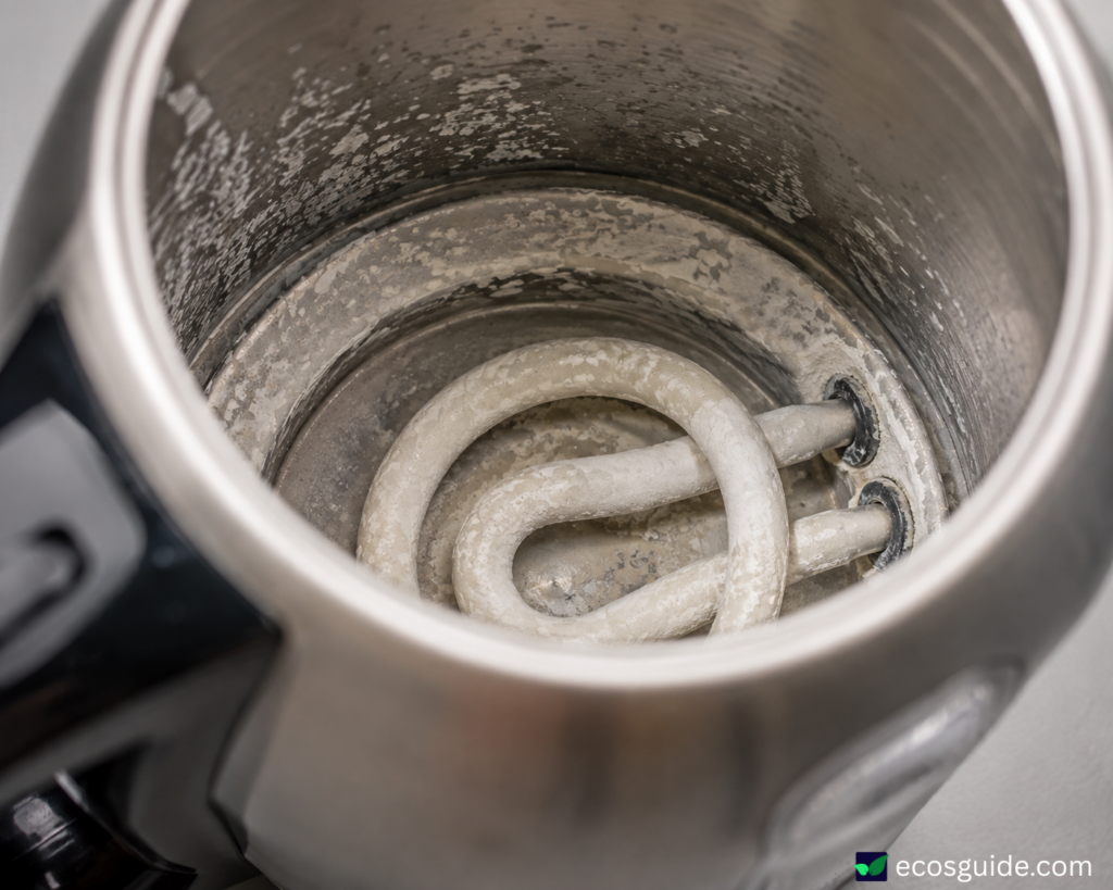 Close-up view of white limescale buildup inside an electric kettle heating element.