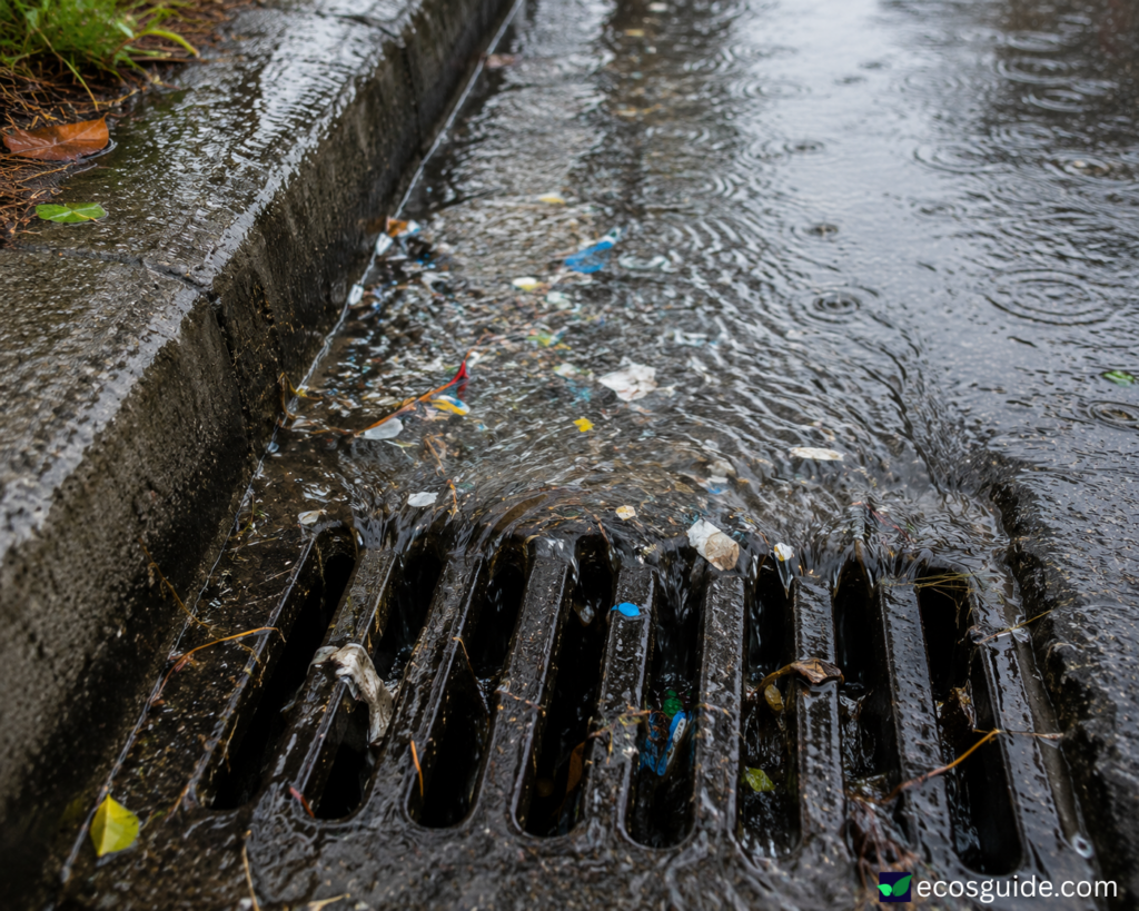 rainwater flowing into a drain carrying small pieces of plastic, illustrating the microplastic full-cycle view