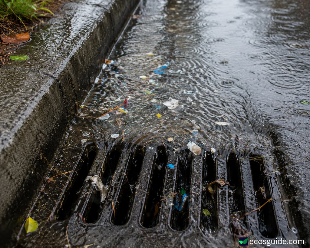 Rainwater flowing into a drain carrying small pieces of plastic, illustrating the microplastic full-cycle view