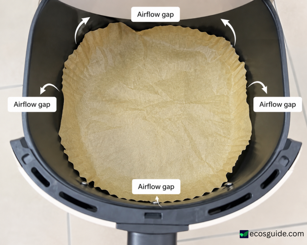 Parchment paper cut smaller than the air fryer basket to allow airflow.
