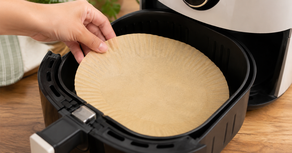 Parchment paper being placed into an air fryer basket before cooking.