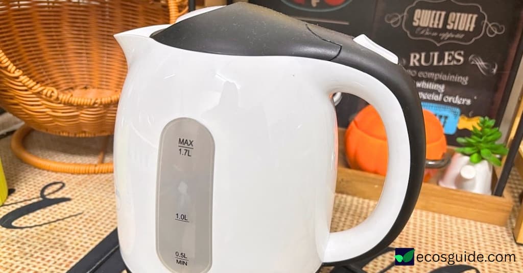 White plastic electric kettle with a water level window, the type of polypropylene kettle discussed in this article