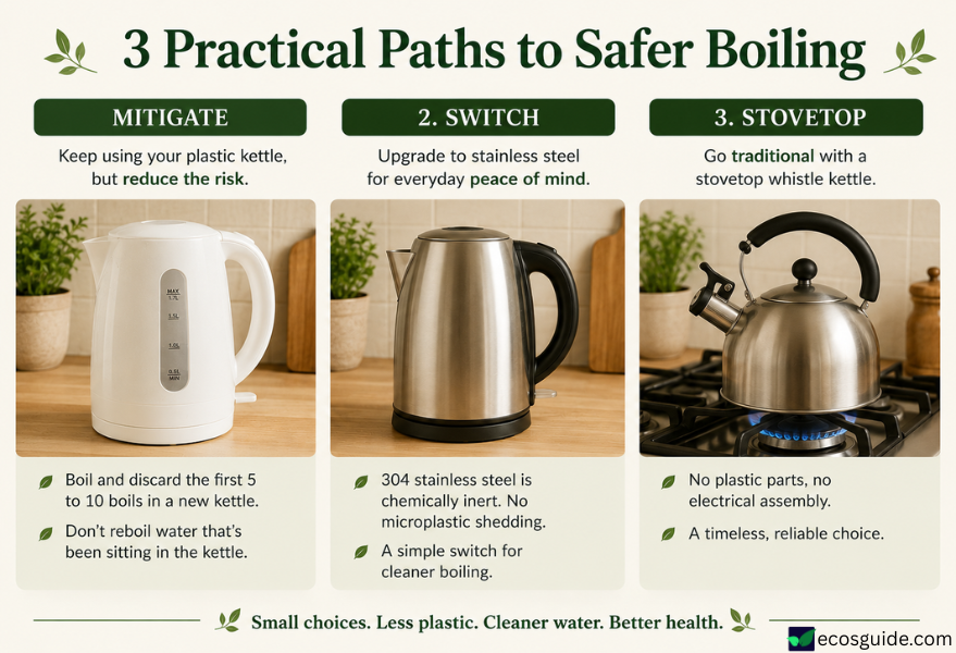 three practical paths for reducing plastic kettle microplastic exposure: mitigate, switch to plastic-free, or use a stovetop kettle