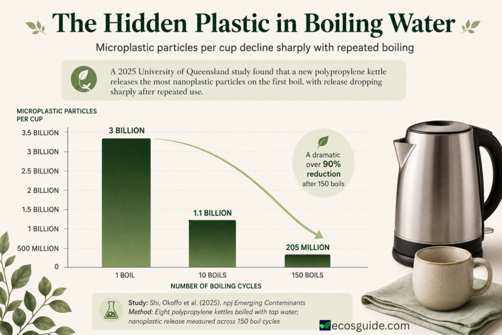 chart showing microplastic particles released per cup by a plastic kettle across 150 boils
