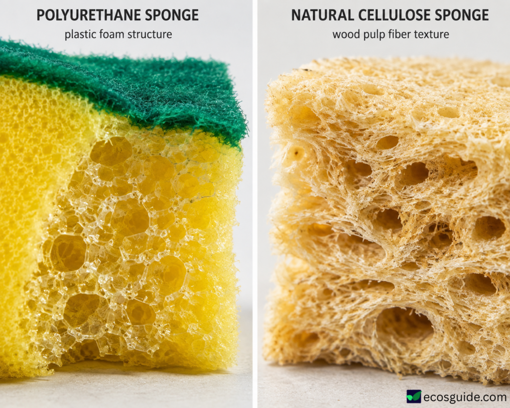 Polyurethane foam sponge and cellulose sponge torn open side by side, showing plastic foam versus wood-pulp fibers
