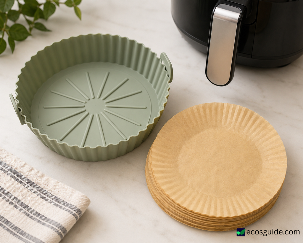 A reusable silicone air fryer liner beside a stack of disposable parchment sheets.
