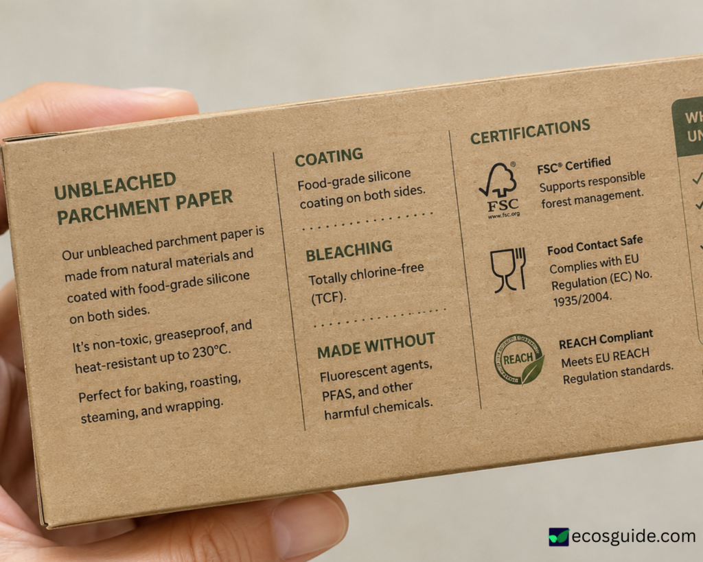 Reading the ingredient and coating information on the back of an unbleached parchment paper box.