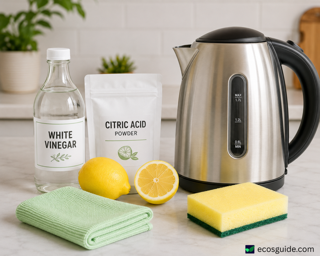 White vinegar, citric acid powder, lemon, microfiber cloth and soft sponge laid out for descaling an electric kettle.